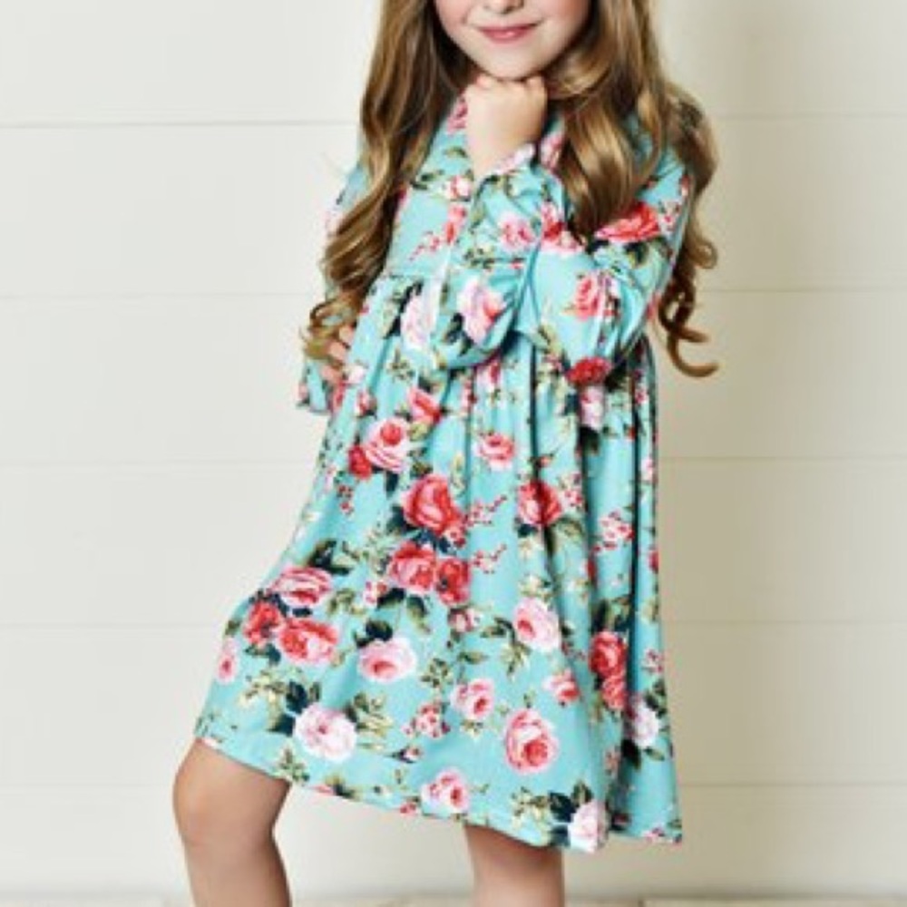 Teal and Pink Floral Bell Sleeve A-Line Dress
